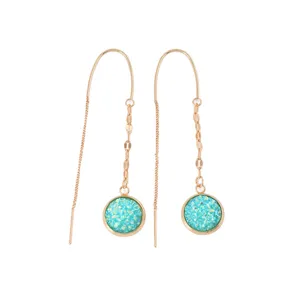 Gold-plated long chain ear threads with sparkling turquoise druzy circular crystal pendants.