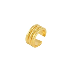 Detail shot of a minimalist gold triple band ear cuff, sleek geometric design without piercing.