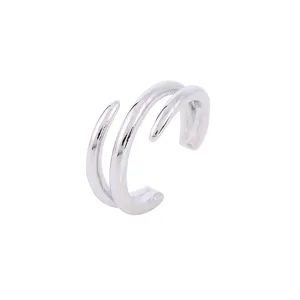 Minimalist double band open ear cuff silver tone modern geometric jewelry detail view