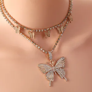 Collar con Colgante de Mariposa de Aleación y Strass de Moda para Mujer Cadena de Garras de Doble Capa Estilo Punk Occidental Joyería de Oro y Plata