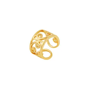 Detailed close-up of a gold geometric open ear cuff showing the delicate hollow scroll design.