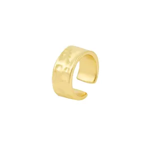 Detailed view of a gold hammered ear cuff, minimalist metal C-shaped clip-on earring for women.