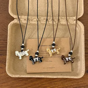 Korean style spotted puppy pendant necklace cute bow adjustable sweater chain jewelry gift