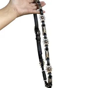 Amerikaanse retro snijwerk lederen riem met zilveren metalen hardware voor dames jeans