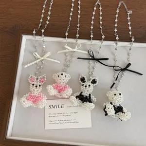 Cute Cartoon Animal Rabbit Bear Pendant Long Sweater Chain For Women Alloy Artificial Pearl Beaded Bowknot Star Necklace Fashion Jewelry Gift