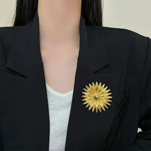 Vintage gold sunburst sunflower brooch pin elegant apparel accessory for women dress coat