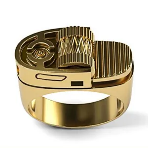 Golden metal ring featuring a creative lighter shape design, stylish and unique fashion accessory.
