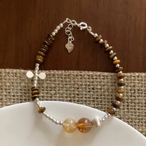 Retro Brown Tiger Eye Stone Beaded Bracelet For Women Maillard Style New Chinese Jewelry Adjustable Silver Heart Charm Bracelet
