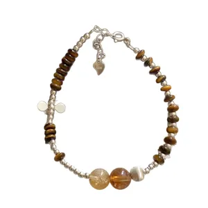 Vintage brown tiger eye beaded bracelet with S925 silver tag adjustable chain women jewelry