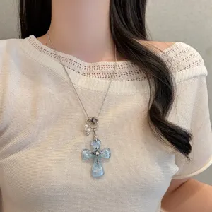 Vintage blue cross pendant necklace for women, sweet cool style long sweater chain jewelry.