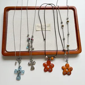 Vintage style sweet cool floral cross necklace set beaded long sweater chain accessories