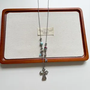 Punk sweet cool style cross pendant long beaded sweater chain fashion jewelry for women