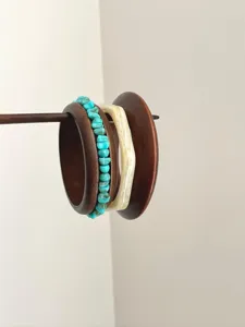 Bohemian style layered bangles set with turquoise and wooden materials for women fashion jewelry