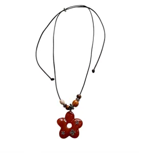 Vintage red flower pendant long sweater chain necklace with wooden beads and black cord fashion