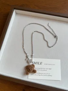 Korean style brown flocked bear necklace with pearl and star pendants, cute sweater chain.