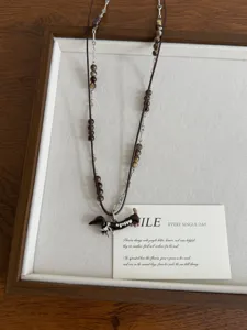 Korean style cute puppy pendant necklace with beaded leather cord fashionable ins jewelry for women