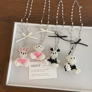 Handcrafted pearl beaded animal necklace cute bow pendant sweater chain fashion jewelry accessories