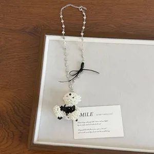 Cute pearl beaded cartoon rabbit necklace with black bow long sweater chain aesthetic jewelry