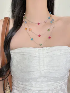 Summer dopamine multi-layer beaded necklace with colorful faceted stones and delicate silver chains.