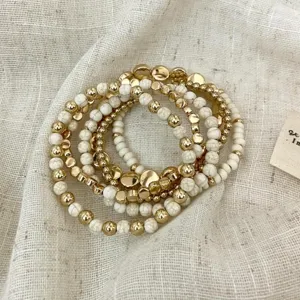 Bohemian multi-layer beaded bracelet set retro gold and white marble stacking accessories