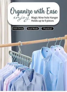 Close-up showing a 9-hole magic clothes hanger efficiently holding multiple shirts on a rod