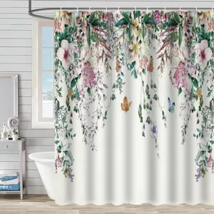 Floral shower curtain with watercolor plants and butterflies in a white bathroom setting