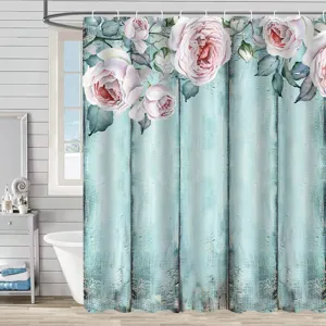 Detail of 3D floral shower curtain with pink roses and vintage blue wood pattern