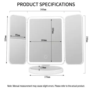 Espejo de maquillaje LED tríptico con diagrama de dimensiones detallado