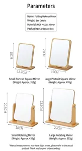 Detailed specifications for four sizes of wooden desk makeup mirrors with precise dimensions.