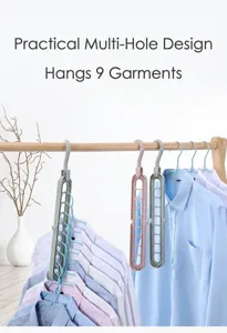 Detail view of space-saving 9-hole magic clothes hanger for organized closet storage