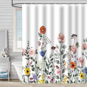 Detailed view of white floral shower curtain with colorful wildflower print in bathroom