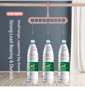 Space-saving 9-hole pink hanger showing durable weight-bearing strength with bottles.