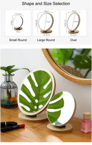 Detailed size specifications for a portable wooden rotating desktop makeup mirror