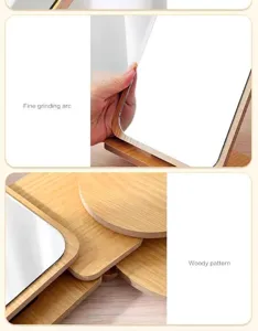 Close-up detail of the fine polished round edge and natural wood grain on the makeup mirror
