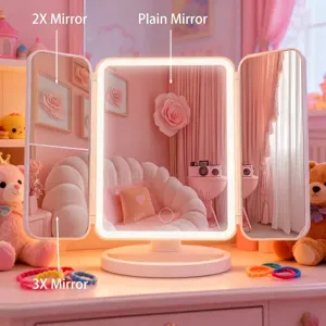 Espejo de Maquillaje LED Inteligente Plegable Espejo Cosmético Portátil de Sobremesa Con Aumento 1X 2X 3X Táctil Regulable USB Recargable Espejo de Belleza