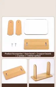 Step-by-step assembly guide and component list for a wooden desktop makeup mirror