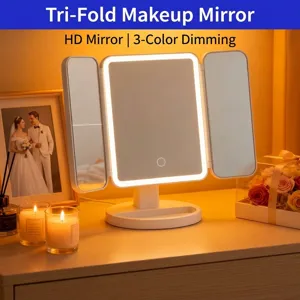 Espejo de maquillaje LED plegable con luz ajustable para tocador y escritorio blanco