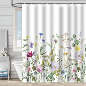 Detail of watercolor floral botanical pattern on a white waterproof shower curtain.