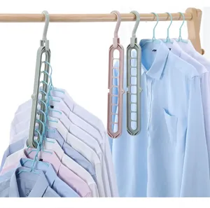 Space-saving 9-hole clothes hangers showing vertical and horizontal usage