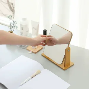 Minimalist wooden desktop makeup mirror with 360-degree rotation for dorm or bedroom