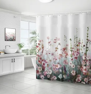 Modern waterproof shower curtain with 3D floral print displayed in a bright bathroom