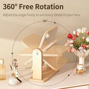 Desktop wooden makeup mirror with 360-degree rotating design for home vanity table
