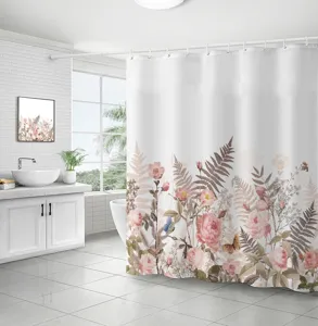 Detailed view of botanical floral shower curtain with pink roses and ferns in bathroom