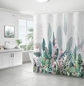 Detailed view of waterproof botanical shower curtain with green leaves and pink flowers