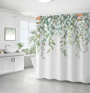 Premium modern waterproof shower curtain featuring vibrant green hanging leaves and pink flowers