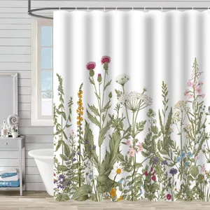 Detailed view of botanical wildflower print on waterproof white shower curtain