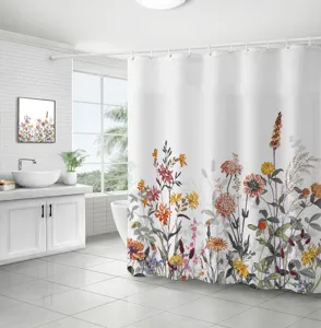 Detail view of a waterproof shower curtain with vibrant 3D floral plant prints.