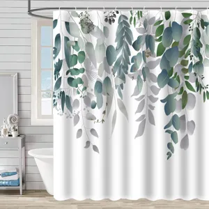 Fresh green botanical leaves printed waterproof shower curtain in bathroom