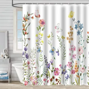 Detailed view of the vibrant watercolor floral and butterfly print on a white shower curtain