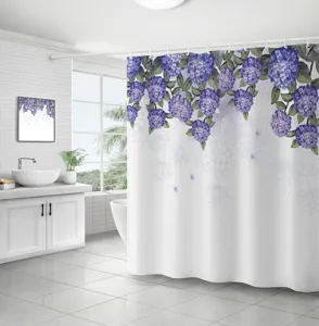 Elegant purple hydrangea floral shower curtain presented in a modern white bathroom.